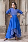 Shop The Home Affair Blue Kota Doria Embroidery Mandarin Collar Leheriya Striped Asymmetric Dress Online at Aza Fashions Shop_The Home Affair_Blue Kota Doria Embroidery Mandarin Collar Leheriya Striped Asymmetric Dress _Online_at_Aza_Fashions