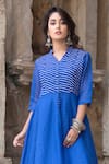 The Home Affair Blue Kota Doria Embroidery Mandarin Collar Leheriya Striped Asymmetric Dress at Aza Fashions The Home Affair_Blue Kota Doria Embroidery Mandarin Collar Leheriya Striped Asymmetric Dress _at_Aza_Fashions