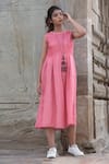 Shop_The Home Affair_Peach Kota Doria Plain Round Neck Midi Dress _Online_at_Aza_Fashions