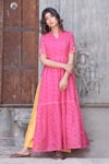 Buy_The Home Affair_Pink Kota Doria Patch Work Leheriya Striped Stand Collar Slit Kurta Pant Set _at_Aza_Fashions