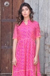 The Home Affair_Pink Kota Doria Patch Work Leheriya Striped Stand Collar Slit Kurta Pant Set _Online_at_Aza_Fashions