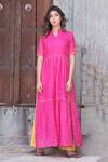 Buy_The Home Affair_Pink Kota Doria Patch Work Leheriya Striped Stand Collar Slit Kurta Pant Set _Online_at_Aza_Fashions