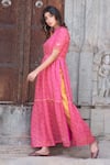 Shop_The Home Affair_Pink Kota Doria Patch Work Leheriya Striped Stand Collar Slit Kurta Pant Set _Online_at_Aza_Fashions