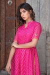 The Home Affair_Pink Kota Doria Patch Work Leheriya Striped Stand Collar Slit Kurta Pant Set _at_Aza_Fashions