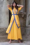 The Home Affair_Yellow Kota Doria Collared Plain Anarkali With Dupatta And Belt _Online_at_Aza_Fashions