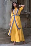 Buy_The Home Affair_Yellow Kota Doria Collared Plain Anarkali With Dupatta And Belt _Online_at_Aza_Fashions