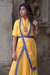 Shop_The Home Affair_Yellow Kota Doria Collared Plain Anarkali With Dupatta And Belt _Online_at_Aza_Fashions