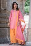 The Home Affair Peach Kota Doria Patti Round Neck Leheriya Striped Gharara Kurta Set Online at Aza Fashions The Home Affair_Peach Kota Doria Patti Round Neck Leheriya Striped Gharara Kurta Set _Online_at_Aza_Fashions