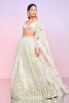 Buy_LASHKARAA_Grey Tabby Silk Print Floral Plunging V Bloom Layered Lehenga Set _Online_at_Aza_Fashions