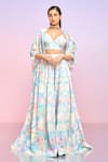 Buy Lashkaraa Blue Georgette Sequins, Stones, Pearls V-neck, Bloom Print Jacket Sharara Set at Aza Fashions Buy_Lashkaraa_Blue Georgette Sequins, Stones, Pearls V-neck, Bloom Print Jacket Sharara Set_at_Aza_Fashions