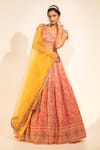 Buy_MeenaGurnam_Peach Printed Georgette Embroidered Thread Floral Blossom Lehenga Set  _at_Aza_Fashions