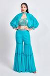 Buy_Meenagurnam_Blue Georgette Embroidered Thread Cape Band Collar Blouse Set _at_Aza_Fashions