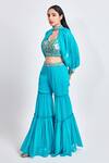 Meenagurnam_Blue Georgette Embroidered Thread Cape Band Collar Blouse Set _Online_at_Aza_Fashions