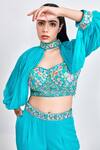 Shop_Meenagurnam_Blue Georgette Embroidered Thread Cape Band Collar Blouse Set _Online_at_Aza_Fashions