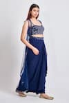 Meenagurnam_Blue Net, Georgette Mirrors, Mirrorwork Embellished Blouse Draped Skirt Set _Online_at_Aza_Fashions