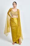 Buy_MeenaGurnam_Yellow Armani Satin Embroidered Crystal Cape Open And Draped Skirt Set_at_Aza_Fashions