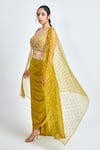 MeenaGurnam_Yellow Armani Satin Embroidered Crystal Cape Open And Draped Skirt Set_Online_at_Aza_Fashions