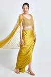 Buy_MeenaGurnam_Yellow Armani Satin Embroidered Crystal Cape Open And Draped Skirt Set_Online_at_Aza_Fashions