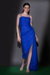 Buy_Nitara Dhanraj Label_Blue Matka Silk Solid Square Neck Asymmetric Draped Dress _at_Aza_Fashions