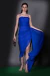 Buy_Nitara Dhanraj Label_Blue Matka Silk Solid Square Neck Asymmetric Draped Dress _Online_at_Aza_Fashions