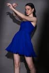 Nitara Dhanraj Label_Blue Matka Silk Solid Square Neck Pleated Dress_Online_at_Aza_Fashions