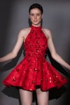 Buy_Nitara Dhanraj Label_Red Matka Silk Embroidered Laser-cut Acrylic Glass Halter Puffed Dress _Online_at_Aza_Fashions