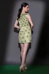 Shop_Nitara Dhanraj Label_Green Matka Silk Embroidered Laser-cut Acrylic Glass High Neck Pencil Dress_at_Aza_Fashions