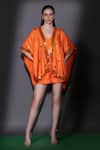 Buy_Nitara Dhanraj Label_Orange Matka Silk Embroidered Laser-cut Acrylic Glass Sweetheart Cape Shorts Set_at_Aza_Fashions