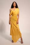 Buy_Aroka_Yellow Modal Satin Plain Asymmetric Neck Pleated Draped Panelled Dress _at_Aza_Fashions