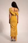 Shop_Aroka_Yellow Modal Satin Plain Asymmetric Neck Pleated Draped Panelled Dress _at_Aza_Fashions