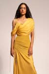 Aroka_Yellow Modal Satin Plain Asymmetric Neck Pleated Draped Panelled Dress _Online_at_Aza_Fashions