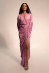 Buy_Aroka_Purple Modal, Satin Shawl Neck Haze Pleated Draped Dress _at_Aza_Fashions