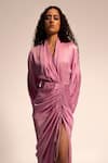 Aroka_Purple Modal, Satin Shawl Neck Haze Pleated Draped Dress _Online_at_Aza_Fashions