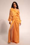 Buy_Aroka_Orange Modal Satin Plain Draped High Slit Skirt _at_Aza_Fashions