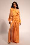 Buy_Aroka_Orange Modal Satin Plain One Shoulder Neck Slit Sleeve Top _at_Aza_Fashions