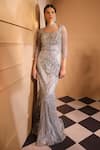 Buy_Laxmishriali_Grey Net Embroidery Crystal Sweetheart Neck Metallic Sequin Gown With Skirt _Online_at_Aza_Fashions