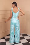 Laxmishriali_Green Dupion Embroidered Geometric V Neck Print Jumpsuit With Belt _Online_at_Aza_Fashions