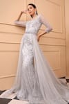 Buy_Laxmishriali_Grey Net Embroidery Crystal Sweetheart Neck Metallic Sequin Gown With Skirt _at_Aza_Fashions