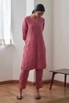 Buy_Shorshe Clothing_Pink Organza, Silk V-neck Anu Striped Kurta With Cigarette Pant_at_Aza_Fashions