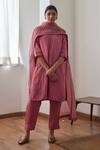 Shorshe Clothing_Pink Organza, Silk V-neck Anu Striped Kurta With Cigarette Pant_at_Aza_Fashions