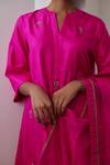 Shorshe Clothing_Pink Kurta Banglore Silk Embroidery Zari Notched Placement And Farshi Pant Set _at_Aza_Fashions