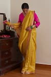 Shop_Shorshe Clothing_Yellow Saree Chanderi Tissue Embroidered Lace V Neck Stripe With Blouse _at_Aza_Fashions