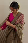 Shorshe Clothing_Green Saree Chanderi Tissue Embroidered Lace V Neck Stripe With Blouse _Online_at_Aza_Fashions