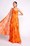 Buy_Isha Gupta Tayal_Orange Georgette Print Floral Cowl Neck Anarkali Gown _at_Aza_Fashions