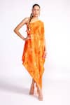 Buy_Isha Gupta Tayal_Orange Crepe Print Floral Asymmetric Neck Tonal Kaftan With Belt _at_Aza_Fashions