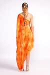 Shop_Isha Gupta Tayal_Orange Crepe Print Floral Asymmetric Neck Tonal Kaftan With Belt _at_Aza_Fashions