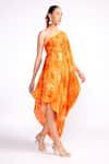 Isha Gupta Tayal_Orange Crepe Print Floral Asymmetric Neck Tonal Kaftan With Belt _Online_at_Aza_Fashions