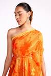 Buy_Isha Gupta Tayal_Orange Crepe Print Floral Asymmetric Neck Tonal Kaftan With Belt _Online_at_Aza_Fashions