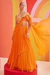 Buy_Isha Gupta Tayal_Orange Crepe Embroidery Sequins V Neck Pre-draped Saree With Blouse _at_Aza_Fashions