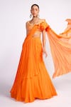 Buy_Isha Gupta Tayal_Orange Crepe Embroidery Sequins V Neck Pre-draped Saree With Blouse _Online_at_Aza_Fashions